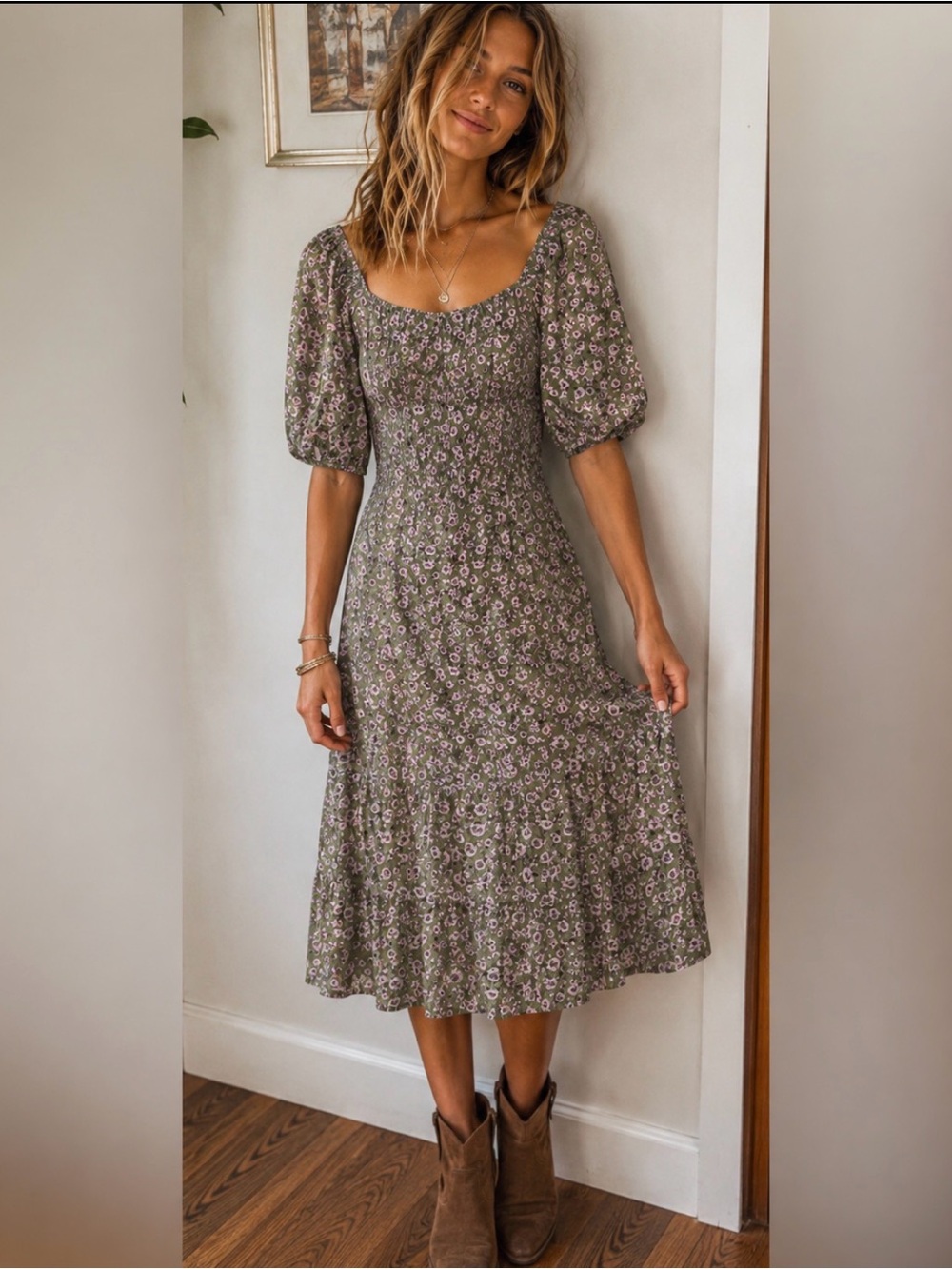 ASOS Olive Green Midi Dress with Lavender Floral Print and Puff Sleeves